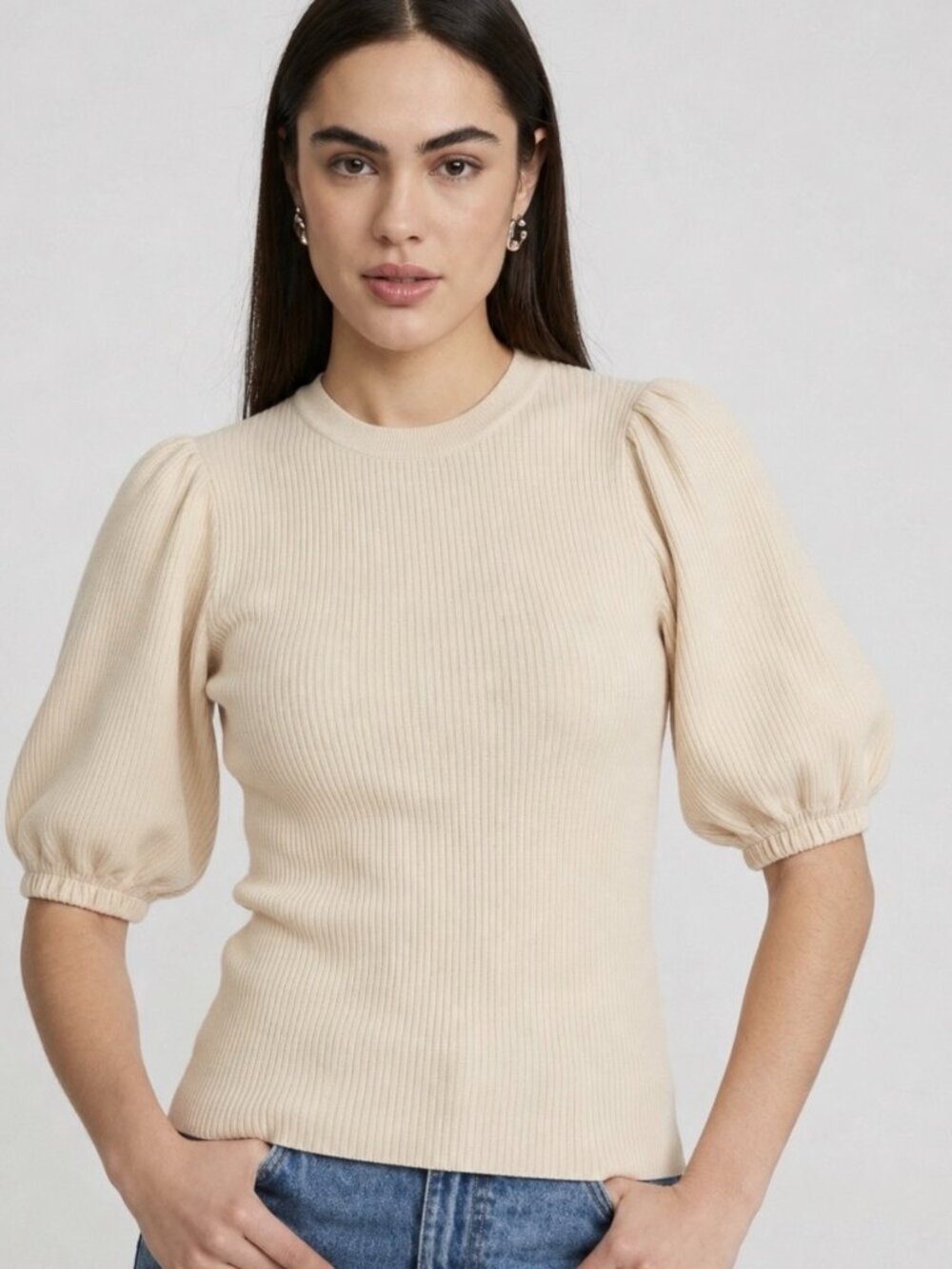 Express Cream Ribbed Puff-Sleeve Short Sleeve Top